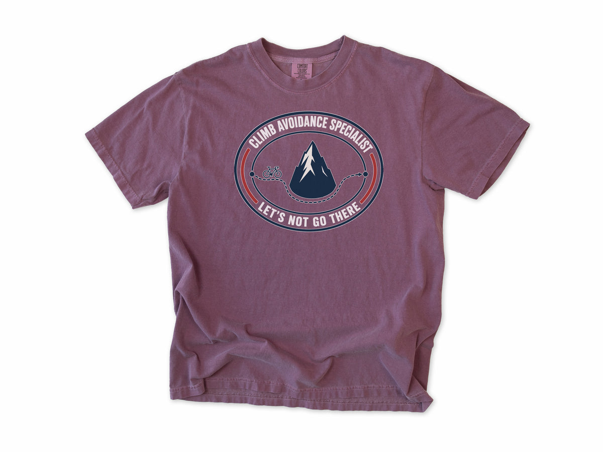 Funny cycling T-shirt in Berry, 'Climb Avoidance Specialist', a route around a mountain, for cyclists who avoid hills