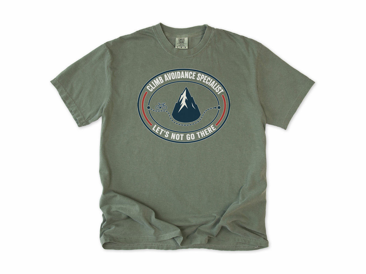 Funny cycling T-shirt in Moss, 'Climb Avoidance Specialist', a route around a mountain, for cyclists who avoid hills
