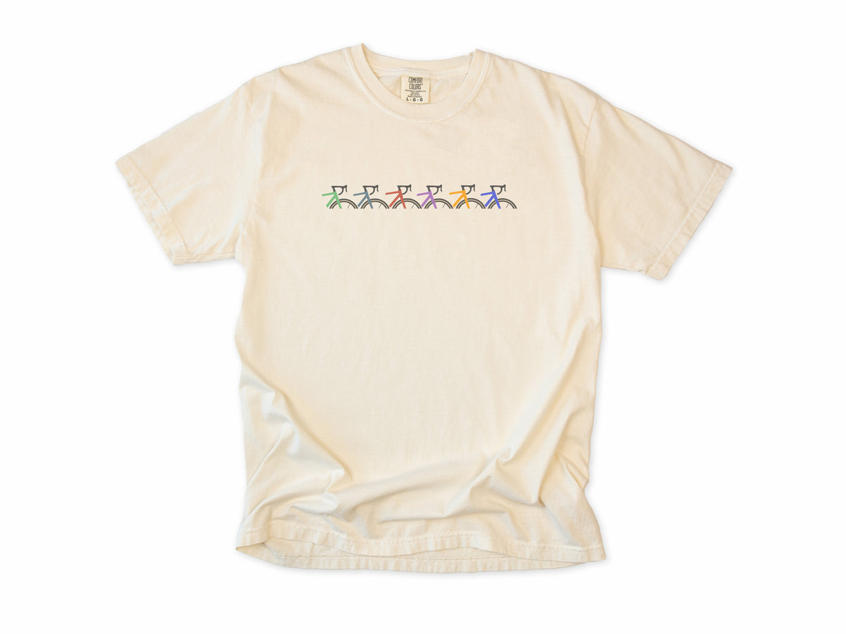Cycling T-shirt in Ivory, Cropped Bike: a row of six small colourful bike frames across the chest, for cyclists