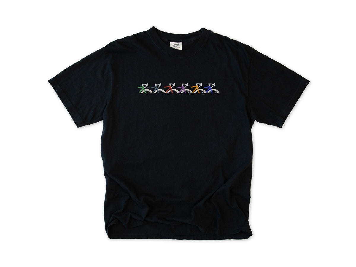 Cycling T-shirt in Black, Cropped Bike: a row of six small colourful bike frames across the chest, for cyclists
