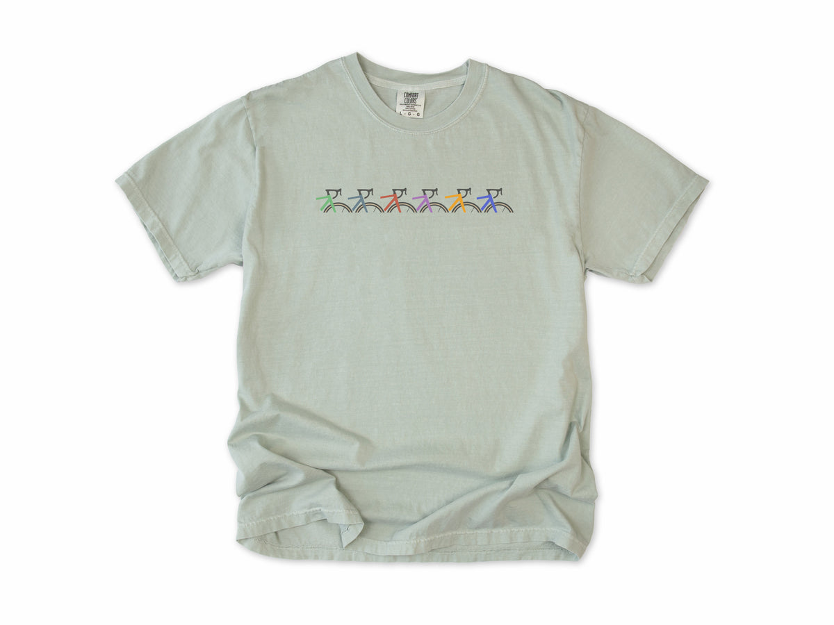 Cycling T-shirt in Bay, Cropped Bike: a row of six small colourful bike frames across the chest, for cyclists