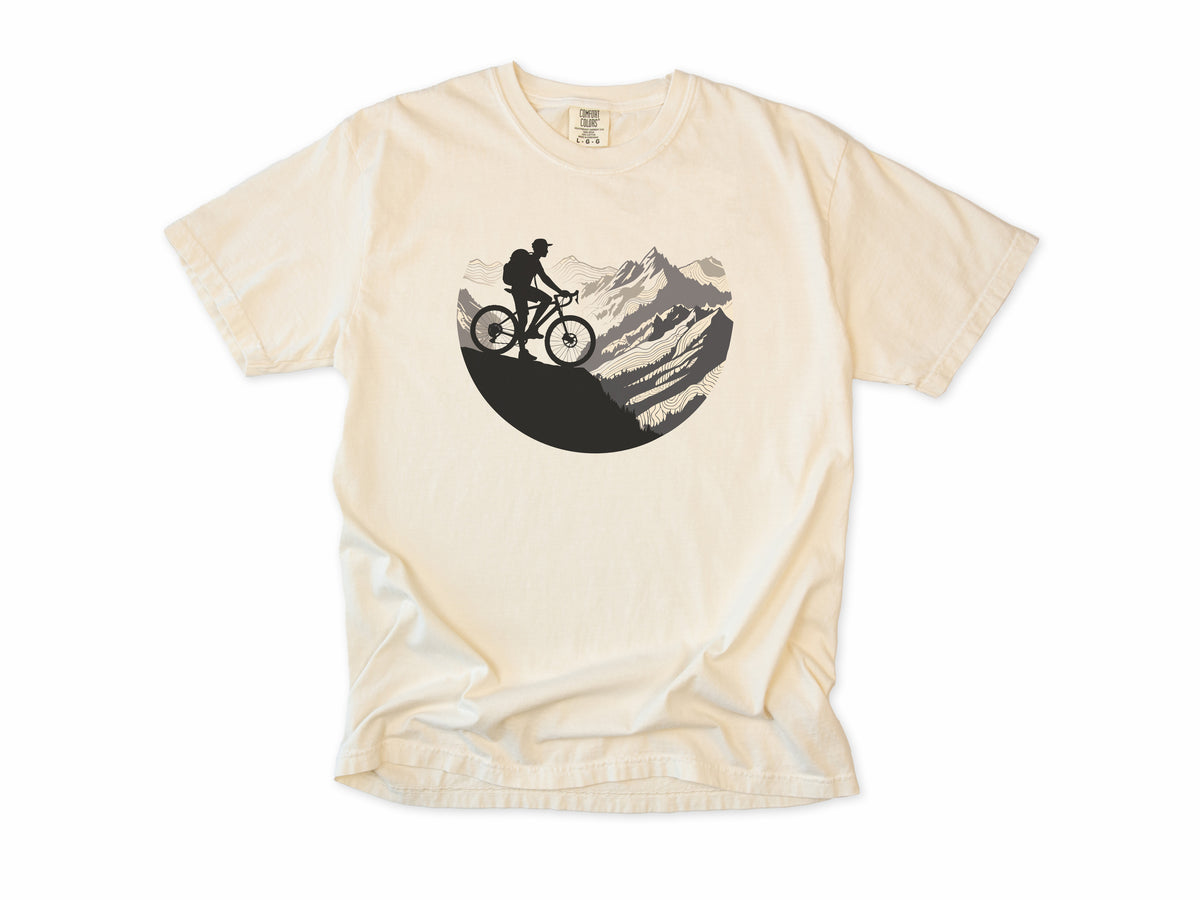 Cycling T-shirt in Ivory, Cycling Mountain: a mountain biker riding up a rocky mountain, in a circle, for mountain bikers