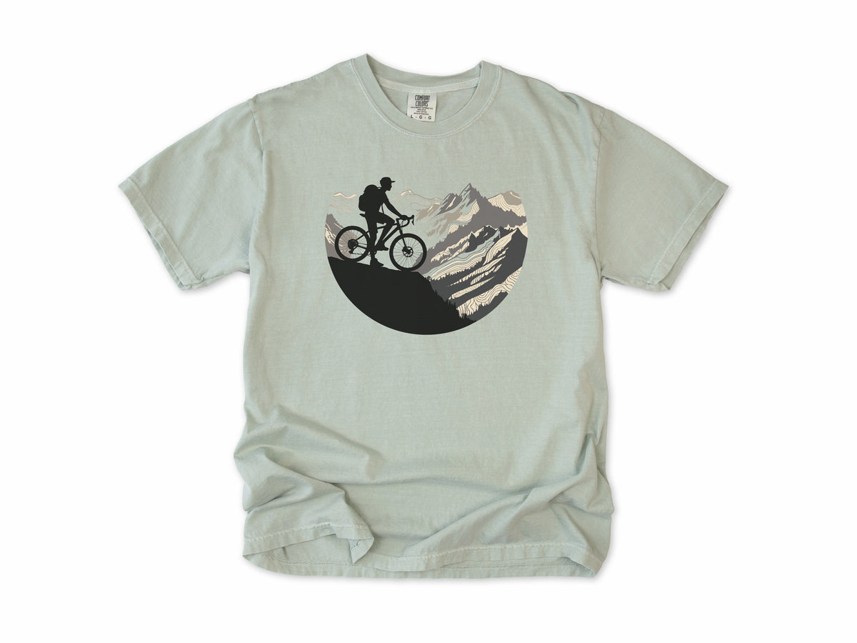 Cycling T-shirt in Bay, Cycling Mountain: a mountain biker riding up a rocky mountain, in a circle, for mountain bikers