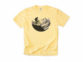 Cycling T-shirt in Butter, Cycling Mountain: a mountain biker riding up a rocky mountain, in a circle, for mountain bikers