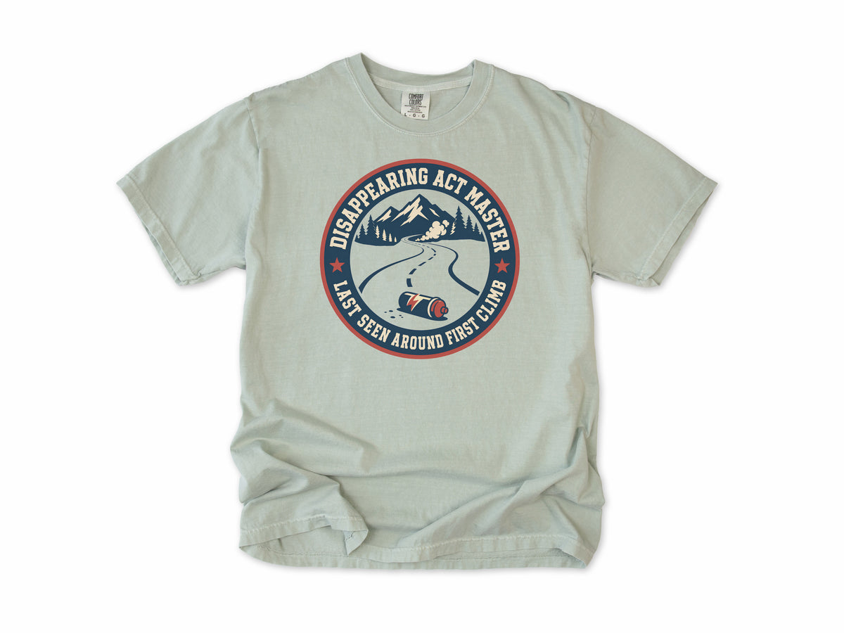 Funny cycling T-shirt in Bay, 'Disappearing Act Master', a mountain road and bottle, for riders who get dropped