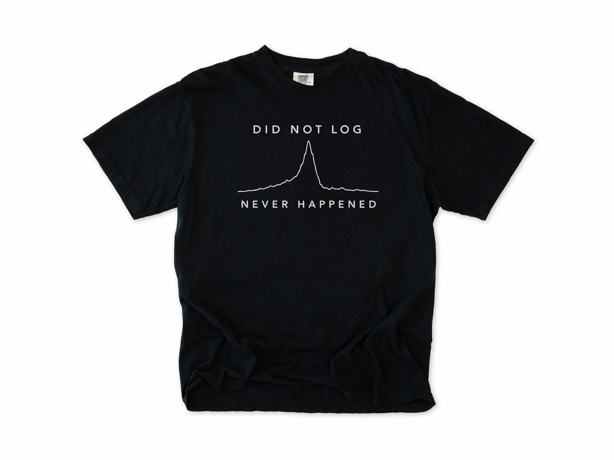 Funny cycling T-shirt in Black, 'Did Not Log, Never Happened' with a ride elevation profile, for cyclists who track rides