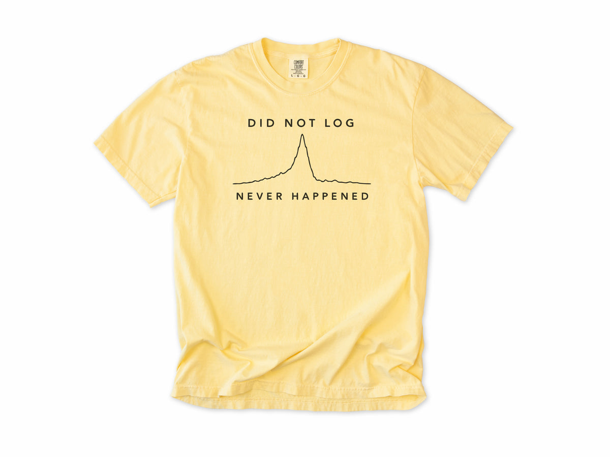 Funny cycling T-shirt in Butter, 'Did Not Log, Never Happened' with a ride elevation profile, for cyclists who track rides