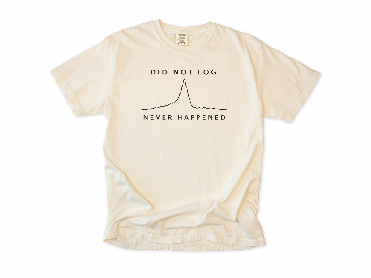 Funny cycling T-shirt in Ivory, 'Did Not Log, Never Happened' with a ride elevation profile, for cyclists who track rides