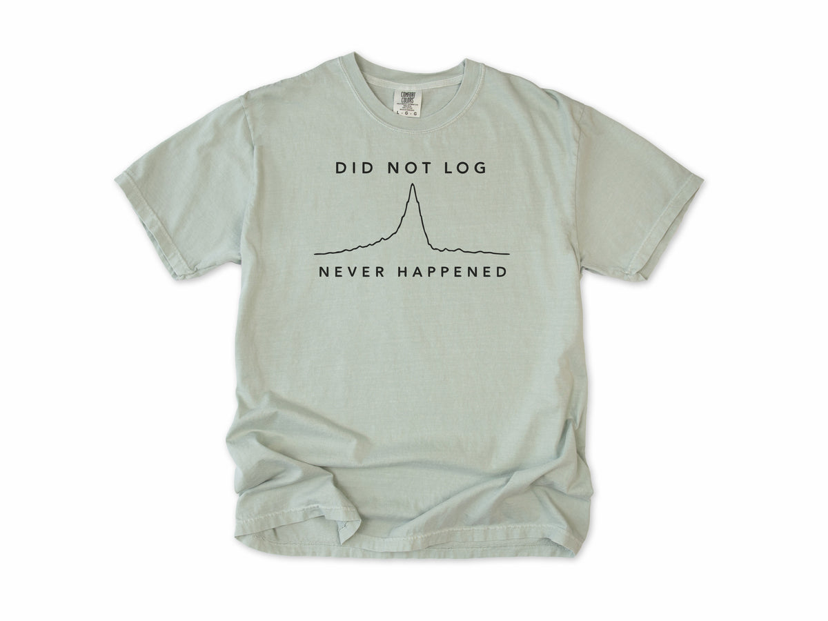 Funny cycling T-shirt in Bay, 'Did Not Log, Never Happened' with a ride elevation profile, for cyclists who track rides