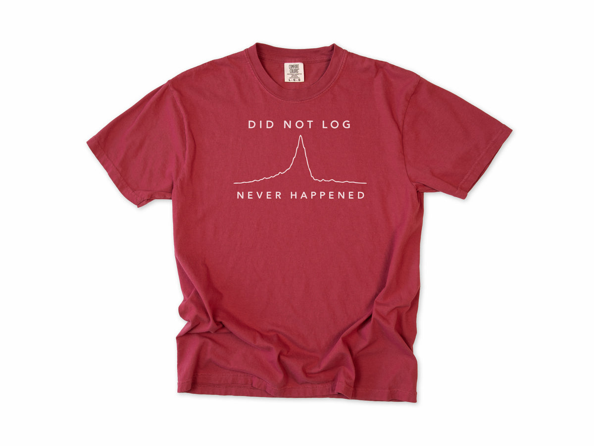 Funny cycling T-shirt in Chili, 'Did Not Log, Never Happened' with a ride elevation profile, for cyclists who track rides