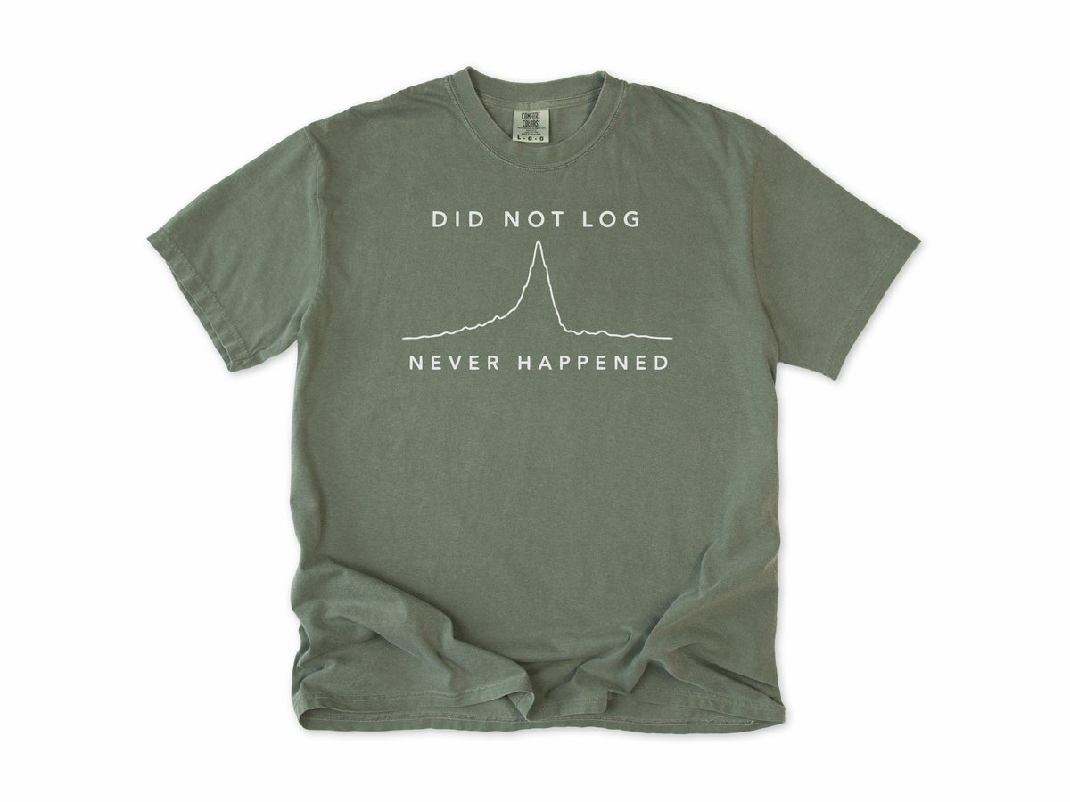 Funny cycling T-shirt in Moss, 'Did Not Log, Never Happened' with a ride elevation profile, for cyclists who track rides
