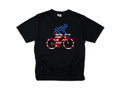 Cycling T-shirt in Black, a rider and bike filled with US flag stars and stripes, 4th of July gift for cyclists