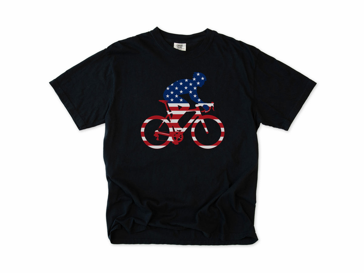 Cycling T-shirt in Black, a rider and bike filled with US flag stars and stripes, 4th of July gift for cyclists