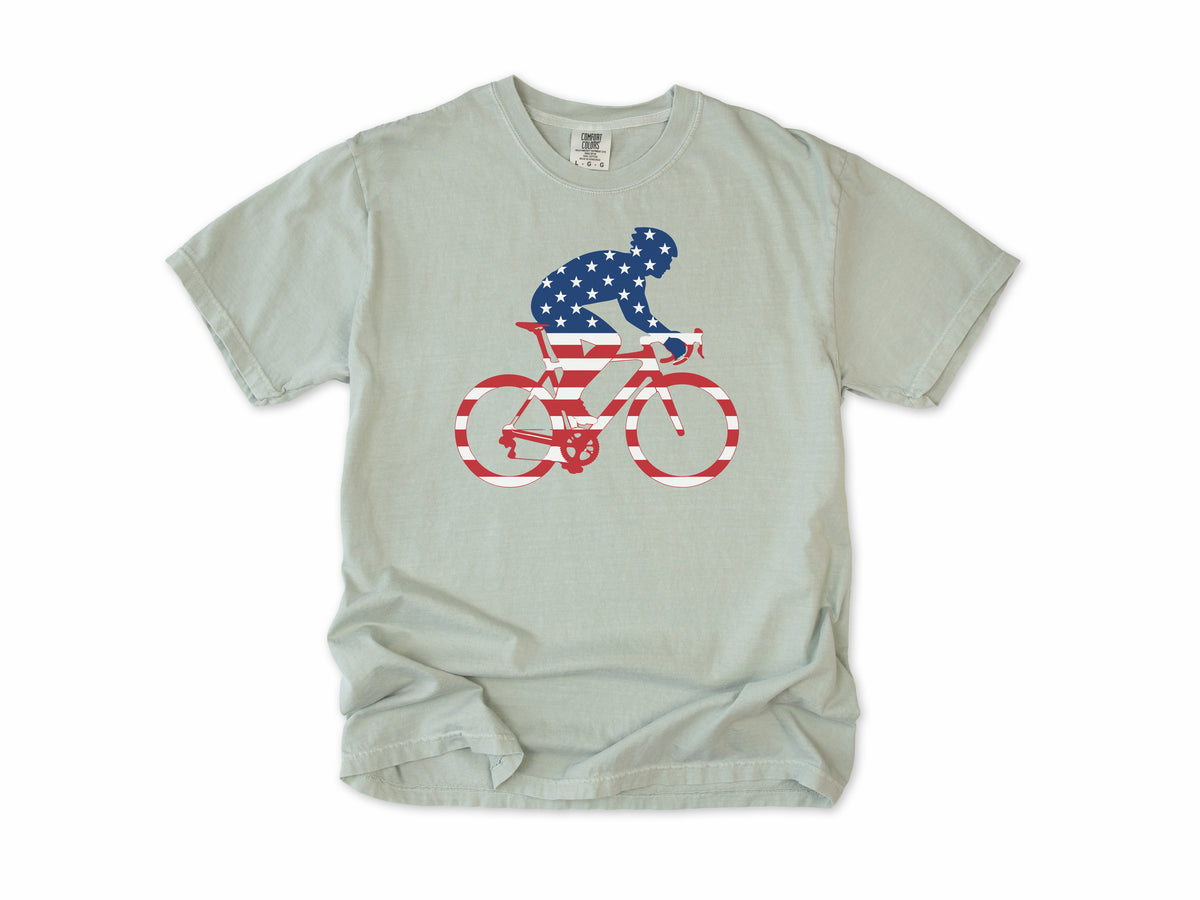 Cycling T-shirt in Bay, a rider and bike filled with US flag stars and stripes, 4th of July gift for cyclists