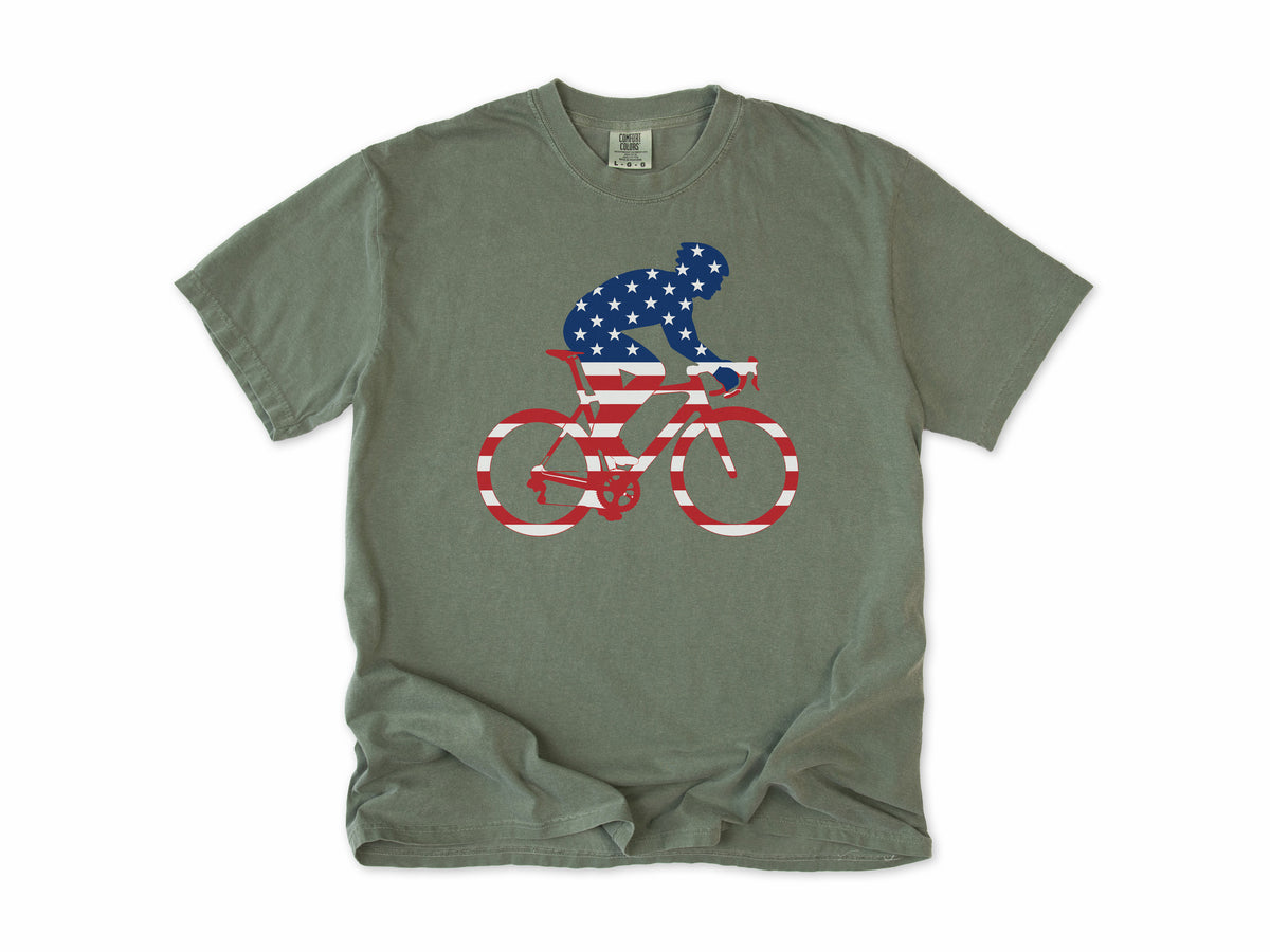 Cycling T-shirt in Moss, a rider and bike filled with US flag stars and stripes, 4th of July gift for cyclists