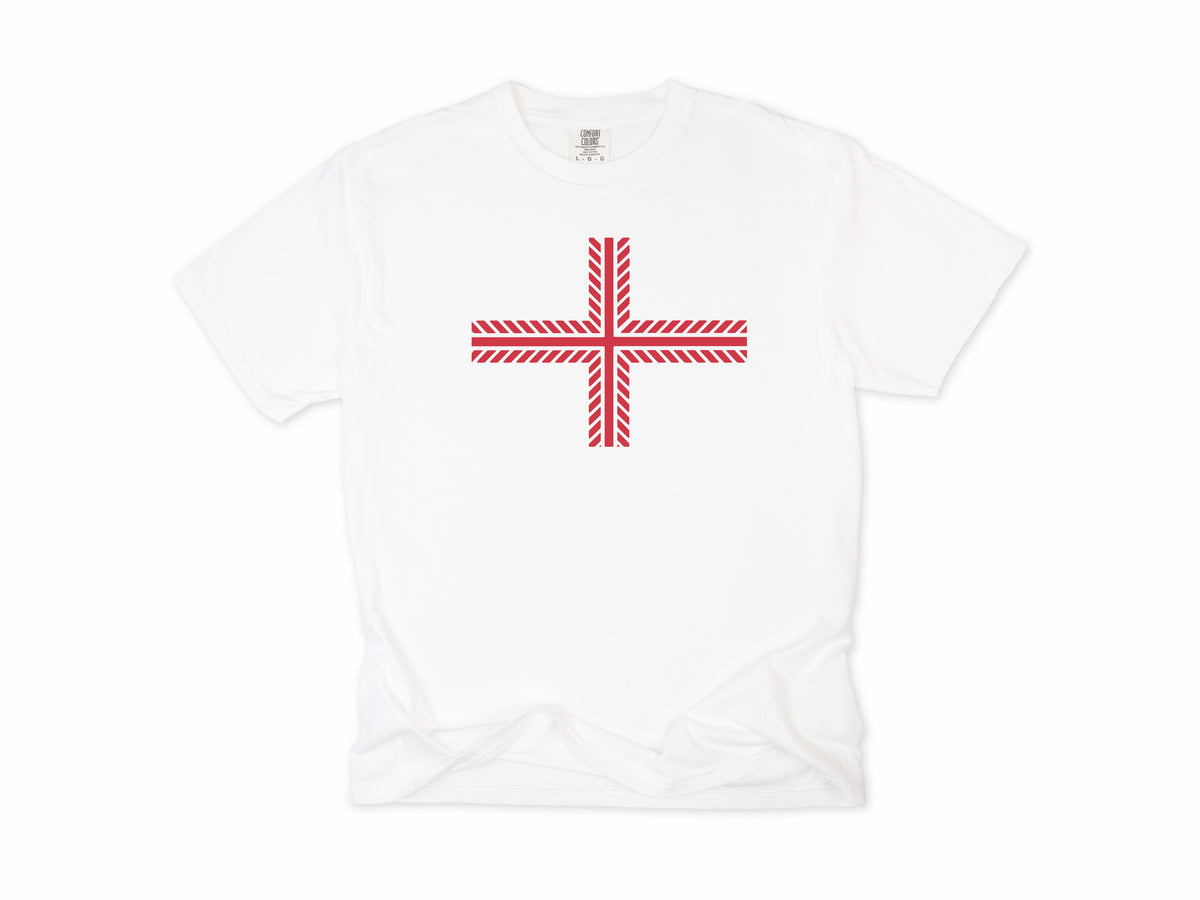 Cycling T-shirt in White, a red England cross made from a bike tyre tread pattern, for English cyclists