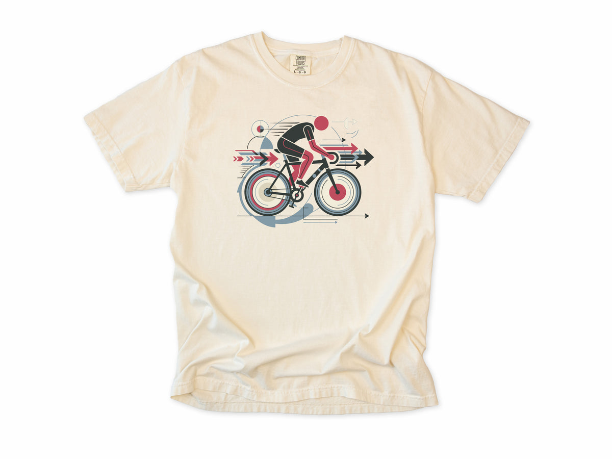 Cycling T-shirt in Ivory, a geometric artwork of a cyclist with arrows and circles, for road cyclists