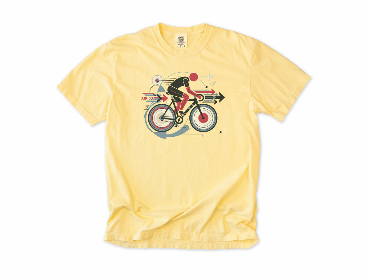 Cycling T-shirt in Butter, a geometric artwork of a cyclist with arrows and circles, for road cyclists