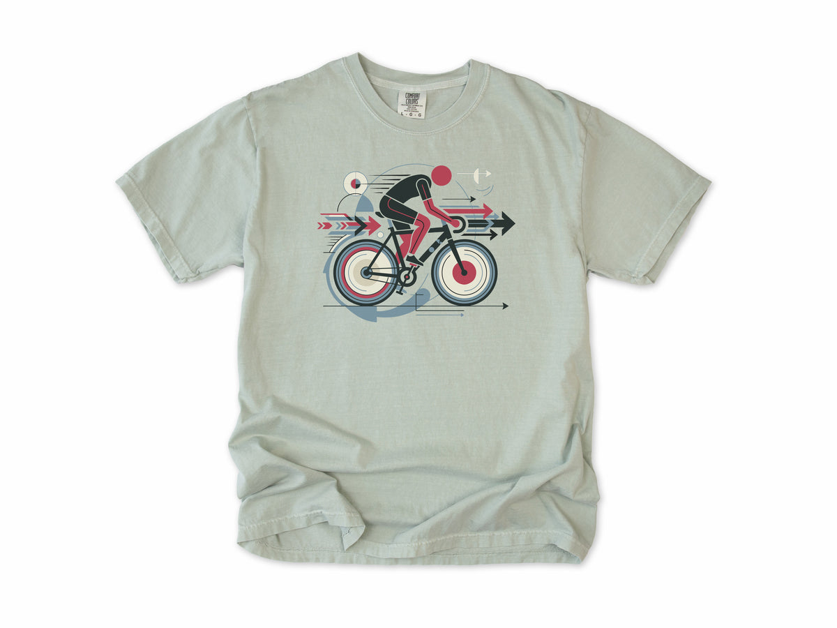 Cycling T-shirt in Bay, a geometric artwork of a cyclist with arrows and circles, for road cyclists