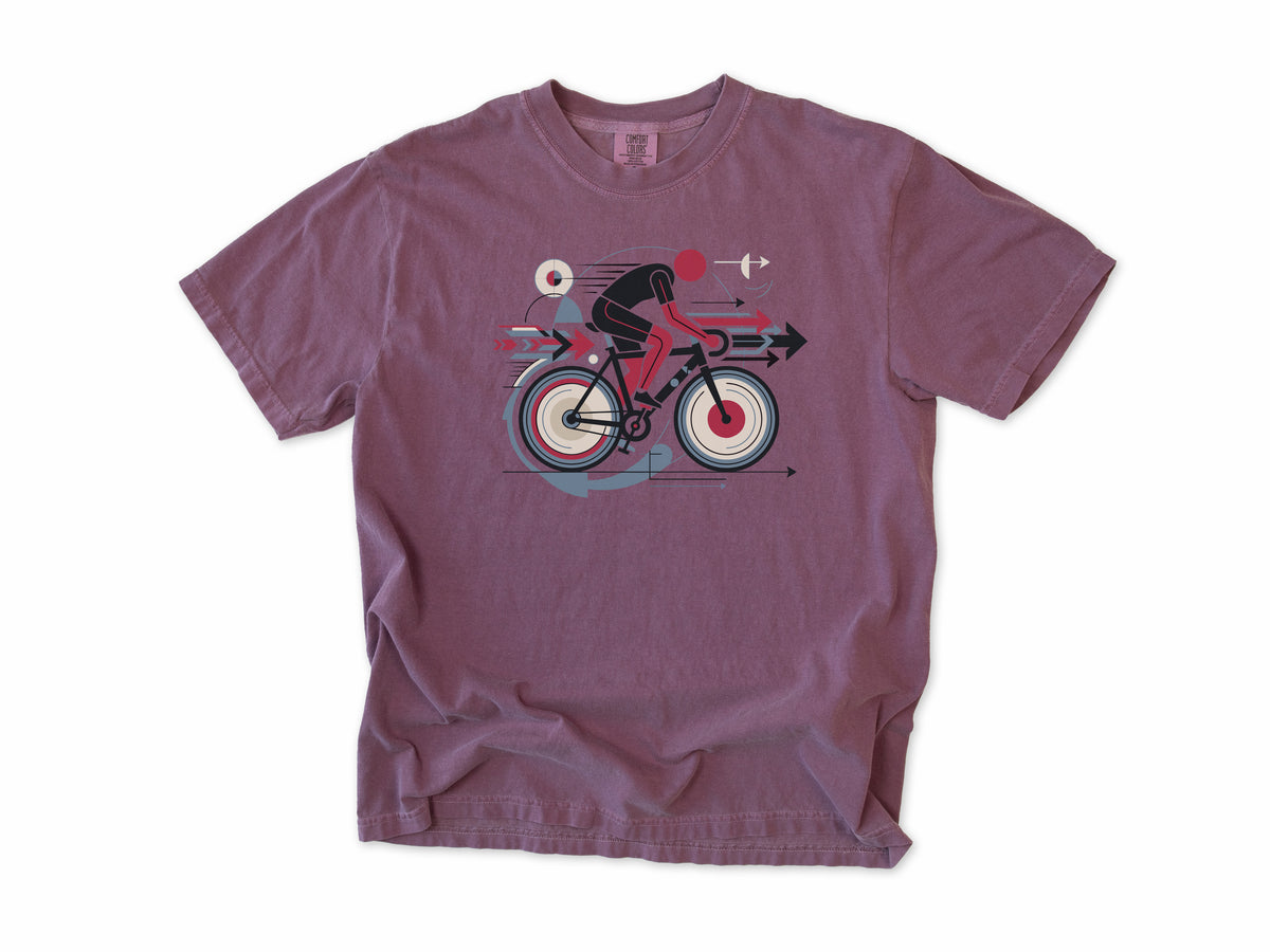 Cycling T-shirt in Berry, a geometric artwork of a cyclist with arrows and circles, for road cyclists