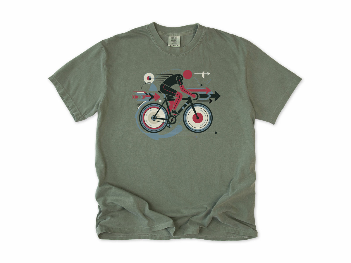 Cycling T-shirt in Moss, a geometric artwork of a cyclist with arrows and circles, for road cyclists