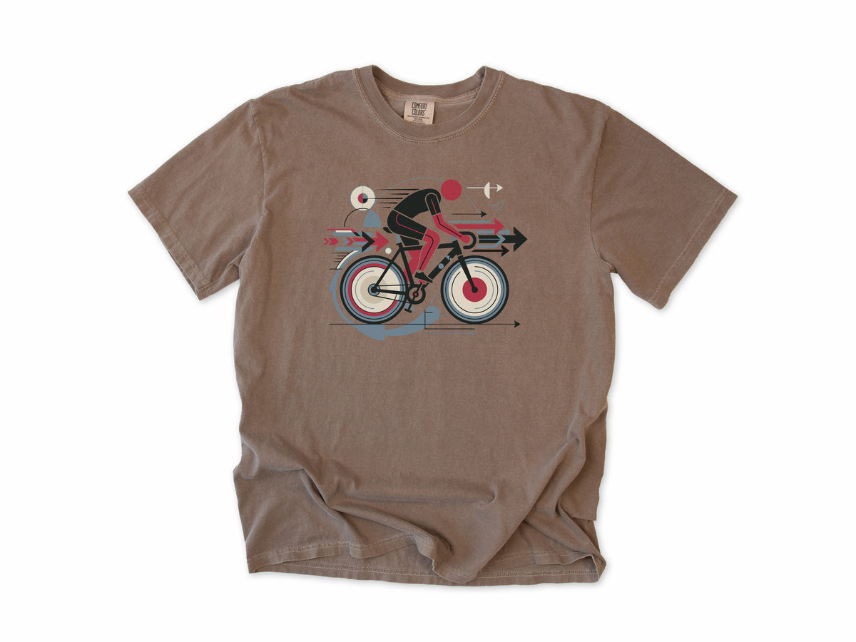 Cycling T-shirt in Espresso, a geometric artwork of a cyclist with arrows and circles, for road cyclists