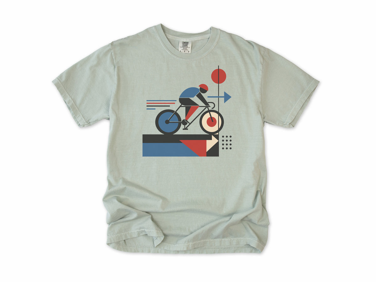 Cycling T-shirt in Bay, a geometric artwork of a cyclist with red and blue shapes, for road cyclists