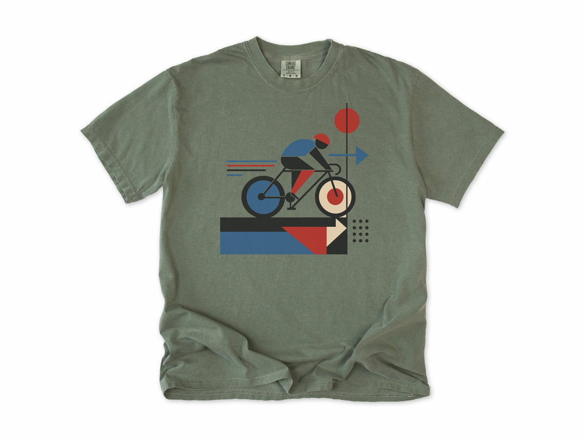 Cycling T-shirt in Moss, a geometric artwork of a cyclist with red and blue shapes, for road cyclists