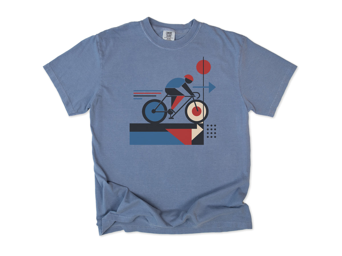 Cycling T-shirt in Blue Jean, a geometric artwork of a cyclist with red and blue shapes, for road cyclists