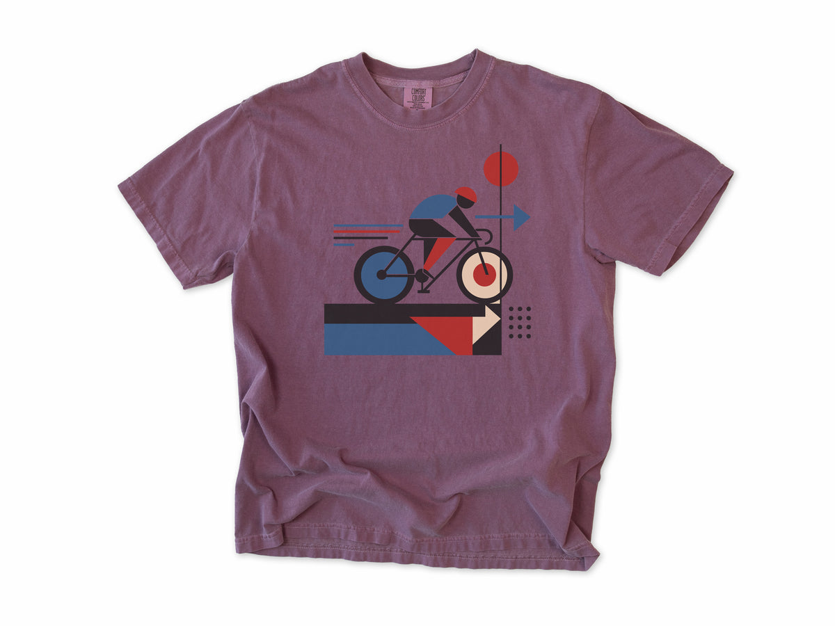 Cycling T-shirt in Berry, a geometric artwork of a cyclist with red and blue shapes, for road cyclists