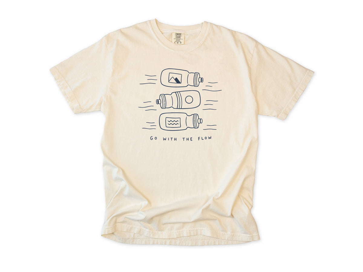 Funny cycling T-shirt in Ivory, three water bottles, 'Go With the Flow', for cyclists