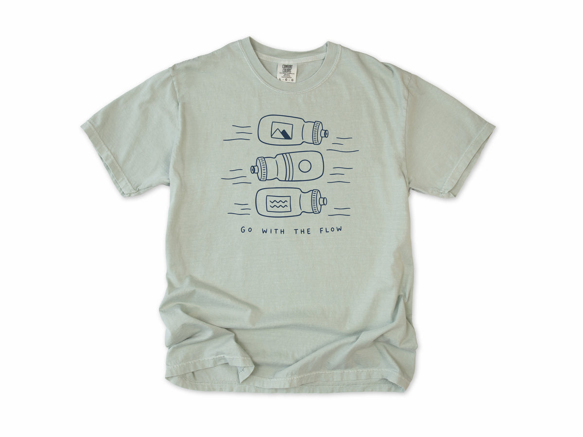 Funny cycling T-shirt in Bay, three water bottles, 'Go With the Flow', for cyclists