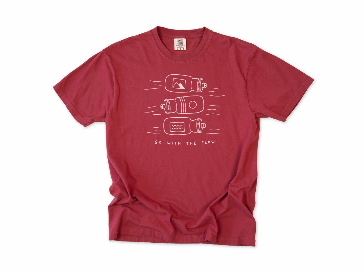 Funny cycling T-shirt in Chili, three water bottles, 'Go With the Flow', for cyclists
