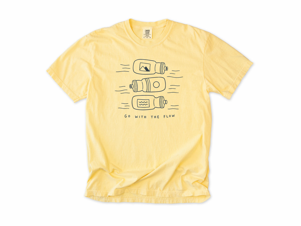 Funny cycling T-shirt in Butter, three water bottles, 'Go With the Flow', for cyclists