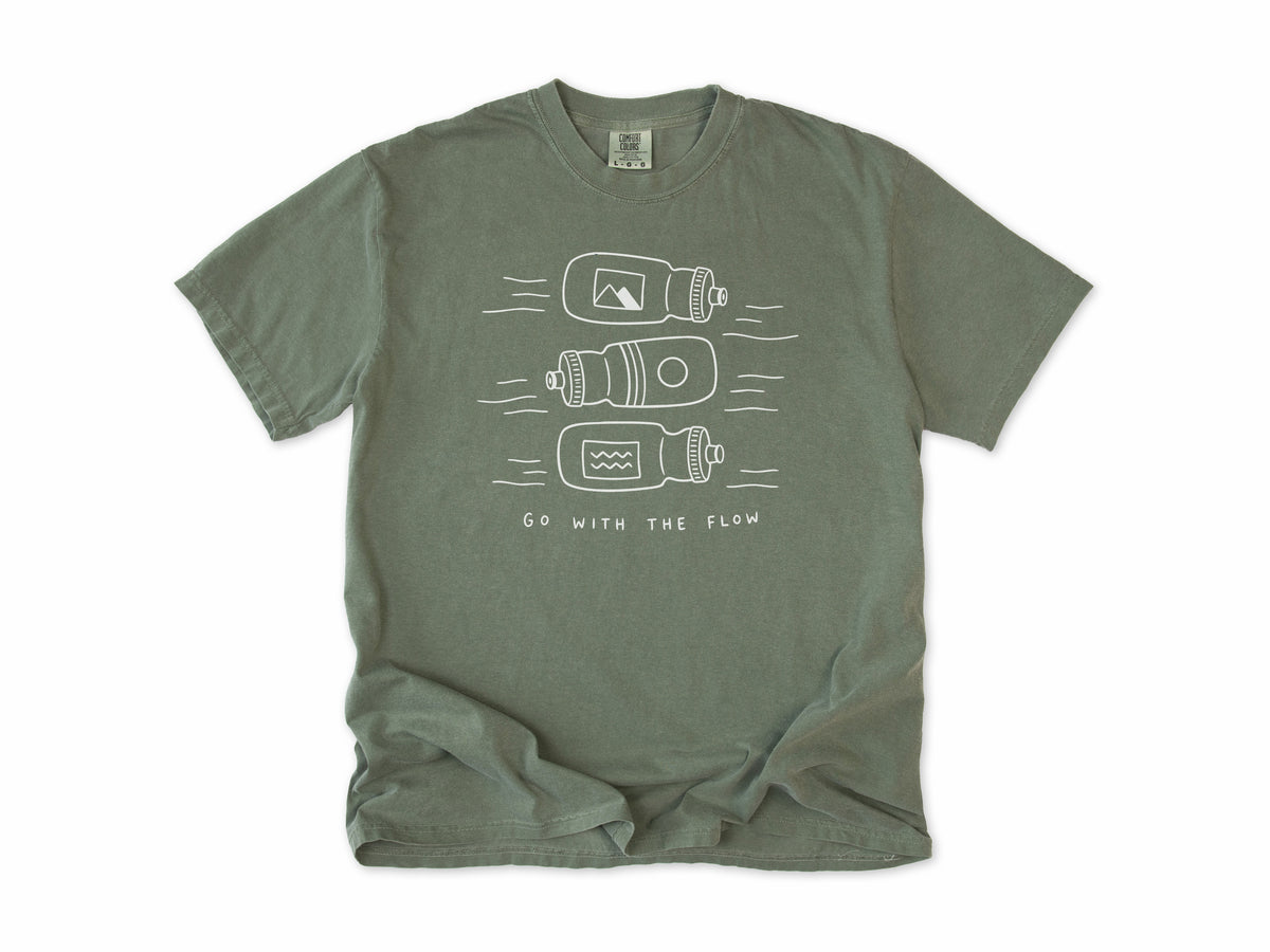 Funny cycling T-shirt in Moss, three water bottles, 'Go With the Flow', for cyclists