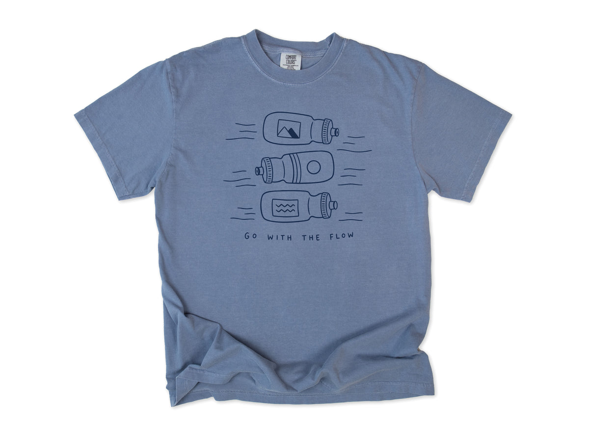 Funny cycling T-shirt in Blue Jean, three water bottles, 'Go With the Flow', for cyclists