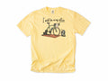 Funny cycling T-shirt in Butter, 'I will be in my office' with a bike on a trainer and a fan, for indoor trainer riders