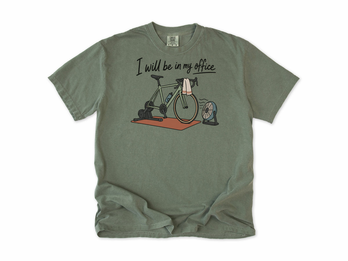 Funny cycling T-shirt in Moss, 'I will be in my office' with a bike on a trainer and a fan, for indoor trainer riders