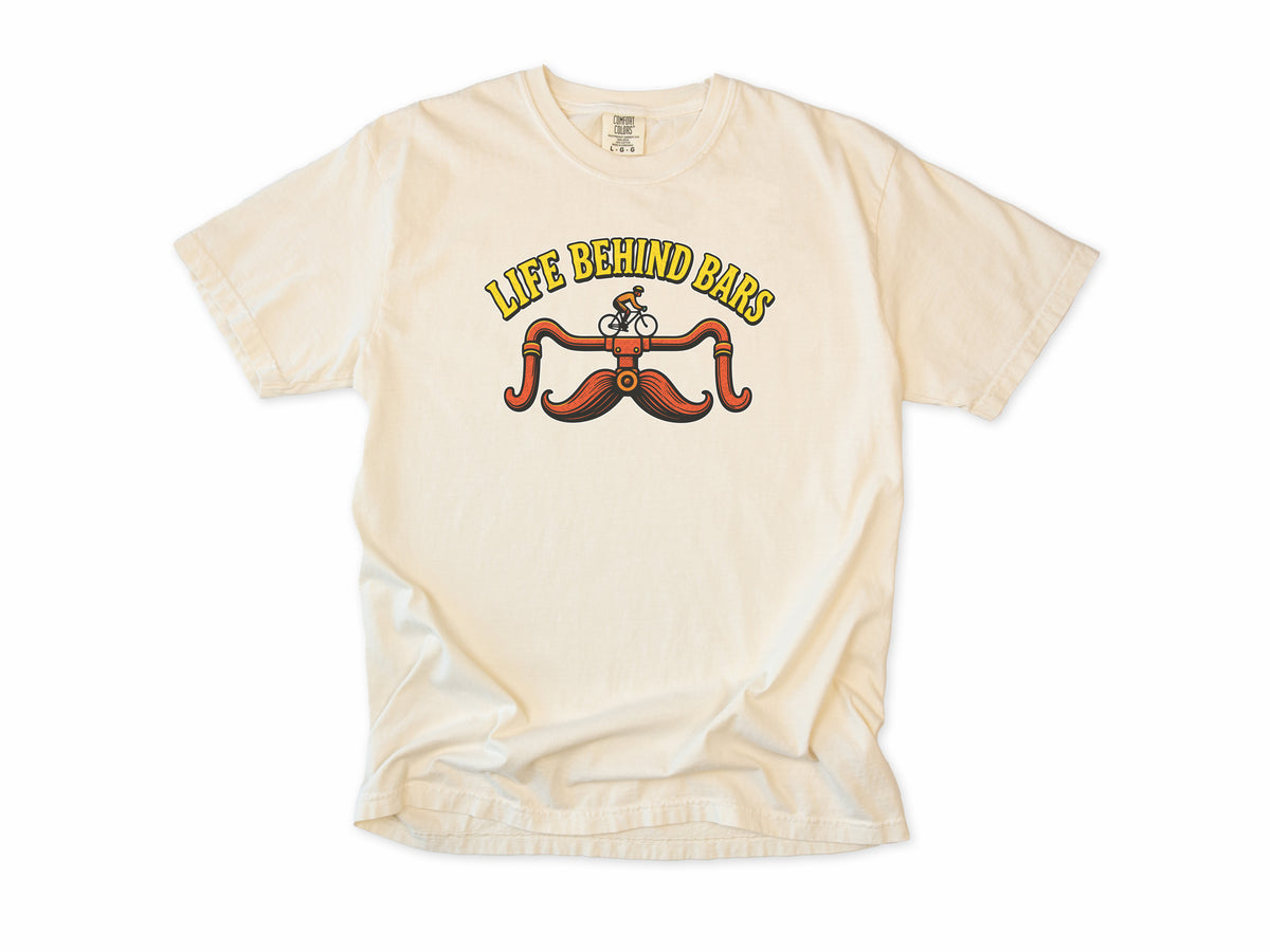 Funny cycling T-shirt in Ivory, 'Life Behind Bars', handlebars drawn as a moustache, gift for a man who cycles: dad, grandad, brother, son, uncle