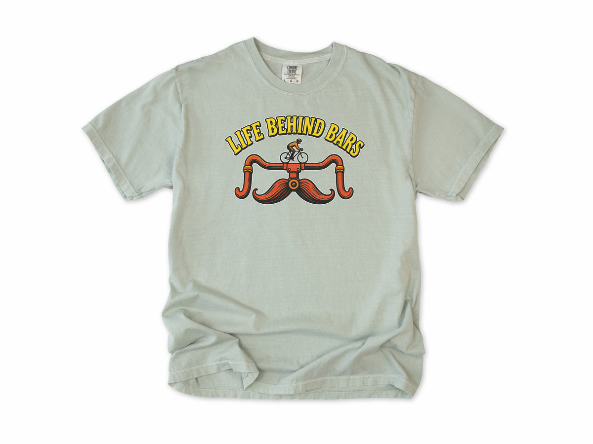 Funny cycling T-shirt in Bay, 'Life Behind Bars', handlebars drawn as a moustache, gift for a man who cycles: dad, grandad, brother, son, uncle