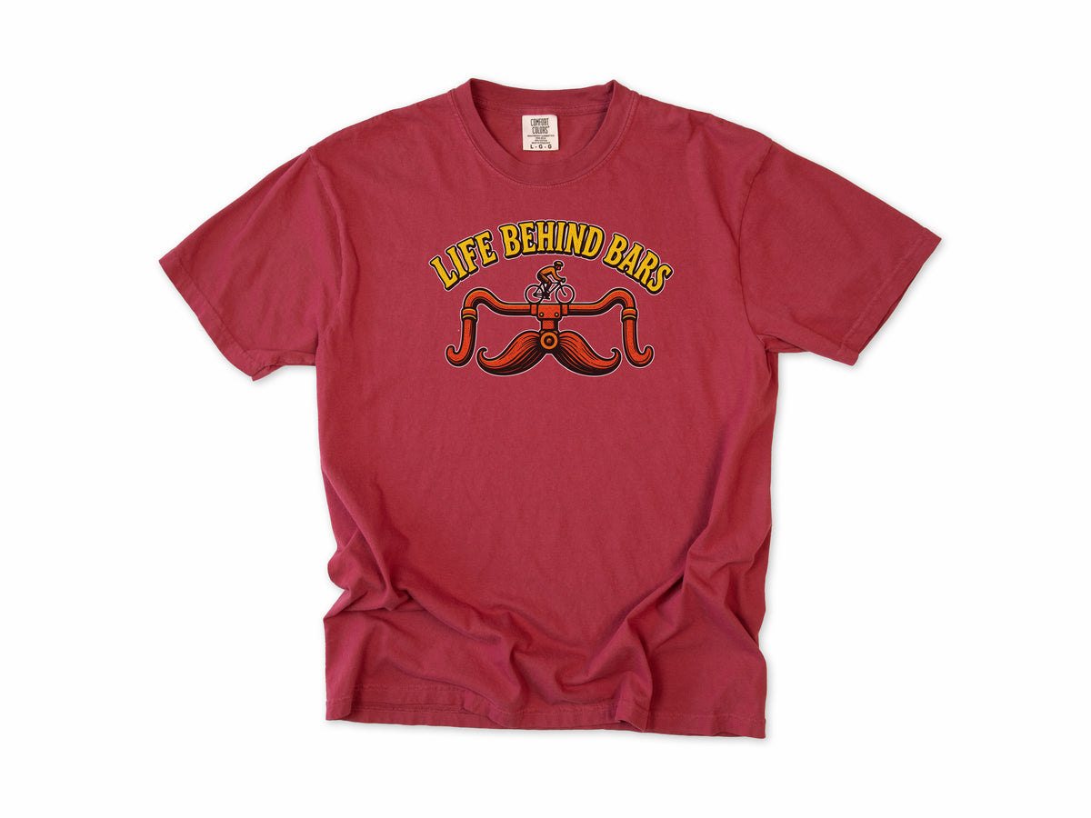Funny cycling T-shirt in Chili, 'Life Behind Bars', handlebars drawn as a moustache, gift for a man who cycles: dad, grandad, brother, son, uncle