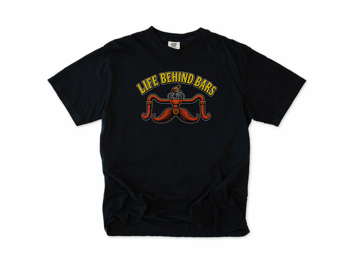 Funny cycling T-shirt in Black, 'Life Behind Bars', handlebars drawn as a moustache, gift for a man who cycles: dad, grandad, brother, son, uncle