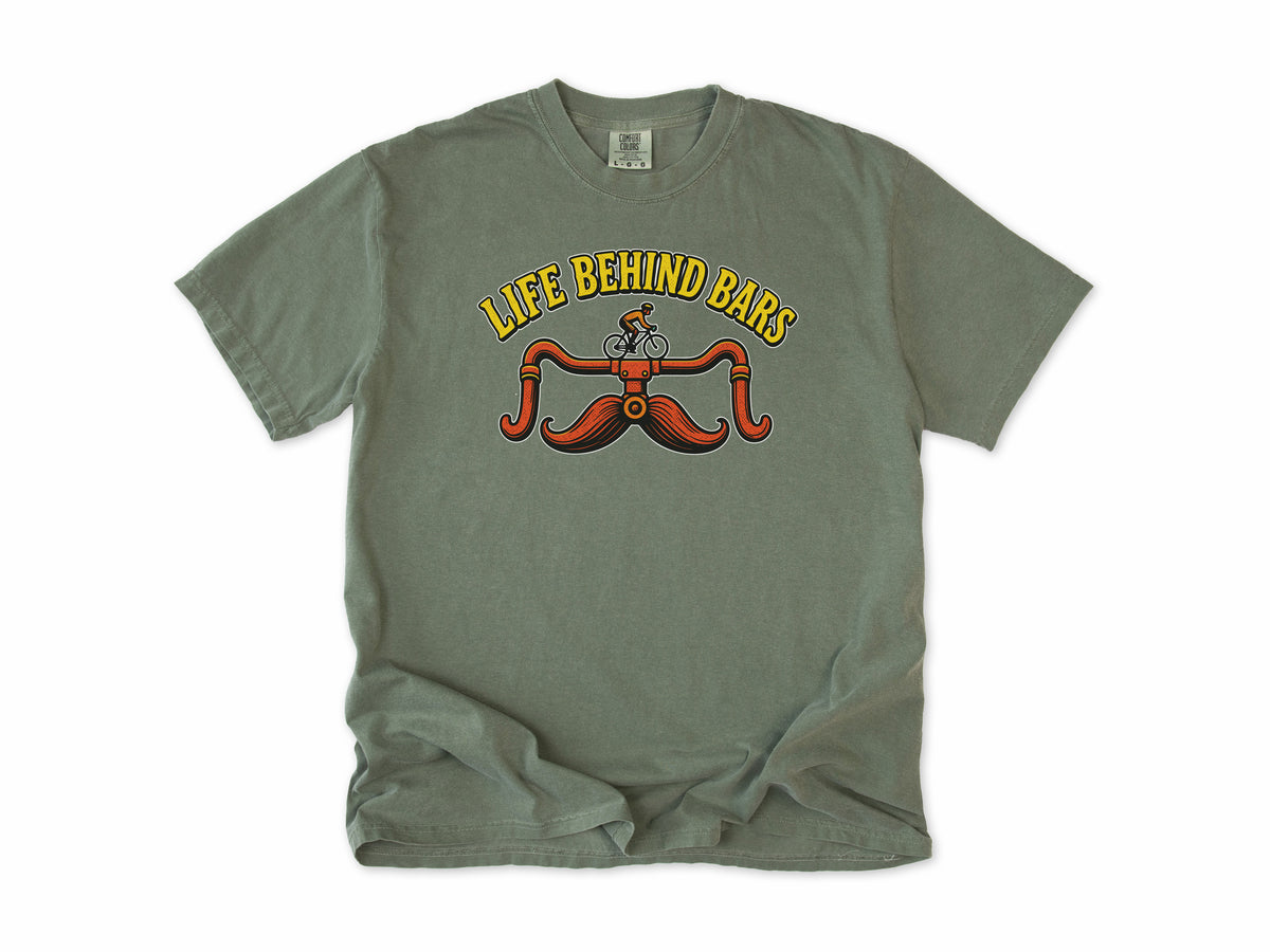 Funny cycling T-shirt in Moss, 'Life Behind Bars', handlebars drawn as a moustache, gift for a man who cycles: dad, grandad, brother, son, uncle