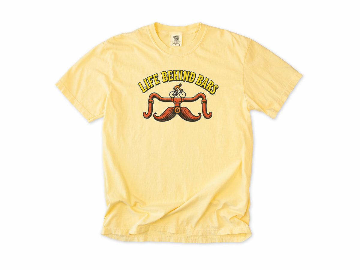 Funny cycling T-shirt in Butter, 'Life Behind Bars', handlebars drawn as a moustache, gift for a man who cycles: dad, grandad, brother, son, uncle