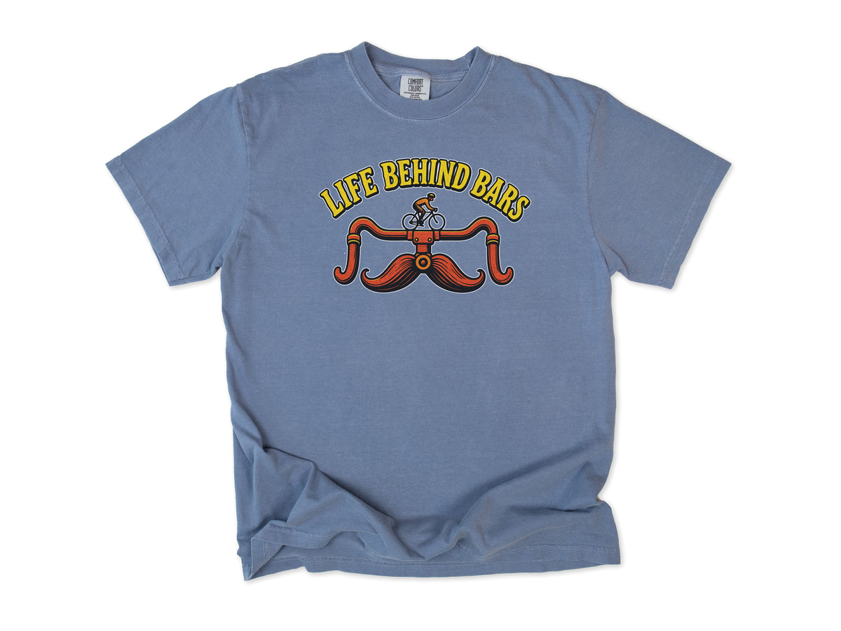 Funny cycling T-shirt in Blue Jean, 'Life Behind Bars', handlebars drawn as a moustache, gift for a man who cycles: dad, grandad, brother, son, uncle