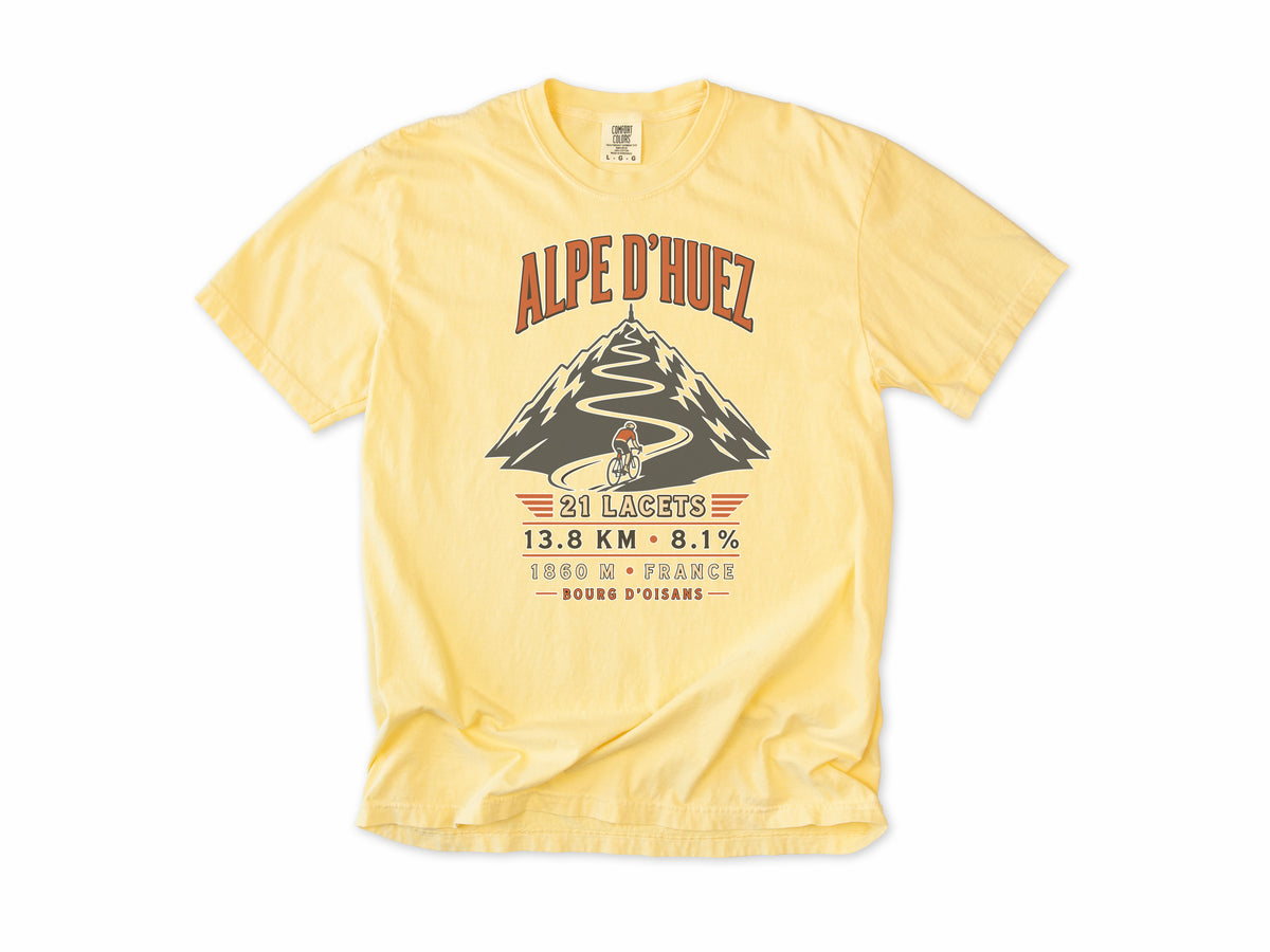 Cycling T-shirt in Butter, 'Alpe d'Huez, 21 lacets' with a switchback mountain, for road cyclists, Tour de France fans