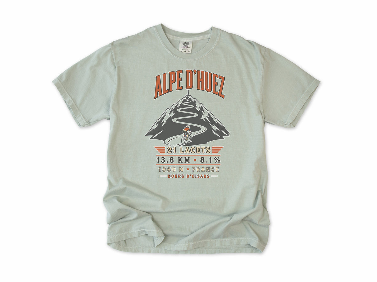 Cycling T-shirt in Bay, 'Alpe d'Huez, 21 lacets' with a switchback mountain, for road cyclists, Tour de France fans