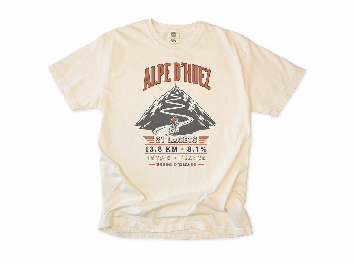 Cycling T-shirt in Ivory, 'Alpe d'Huez, 21 lacets' with a switchback mountain, for road cyclists, Tour de France fans