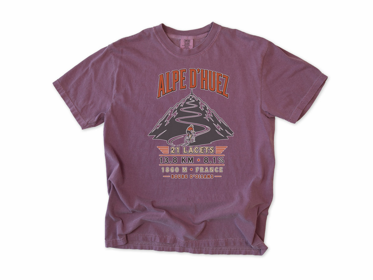 Cycling T-shirt in Berry, 'Alpe d'Huez, 21 lacets' with a switchback mountain, for road cyclists, Tour de France fans