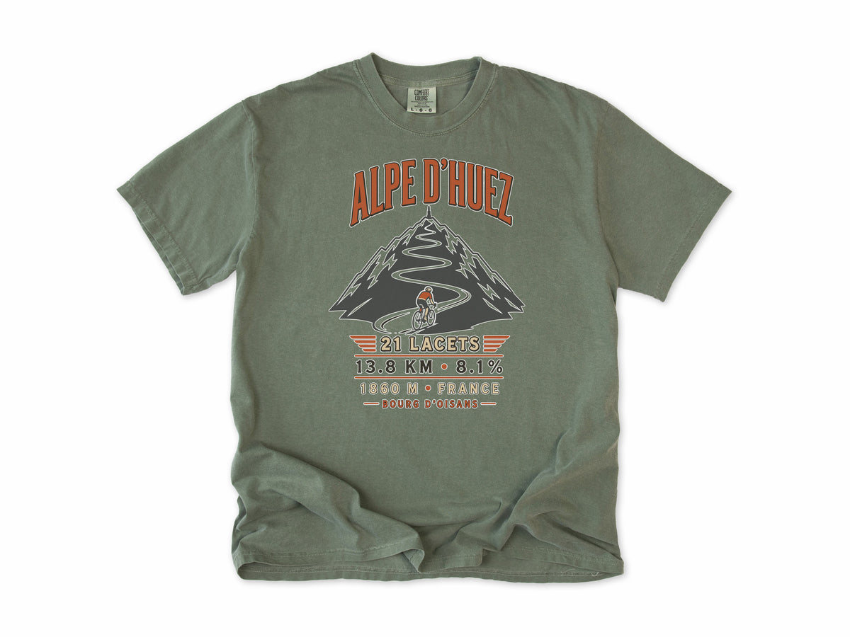 Cycling T-shirt in Moss, 'Alpe d'Huez, 21 lacets' with a switchback mountain, for road cyclists, Tour de France fans
